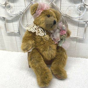 Victorian Teddy Bear 16" Long Jointed Plush Headband & Flowers, Lace Collar VTG